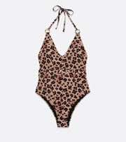 New Look Brown Leopard Print Belted Halter Swimsuit